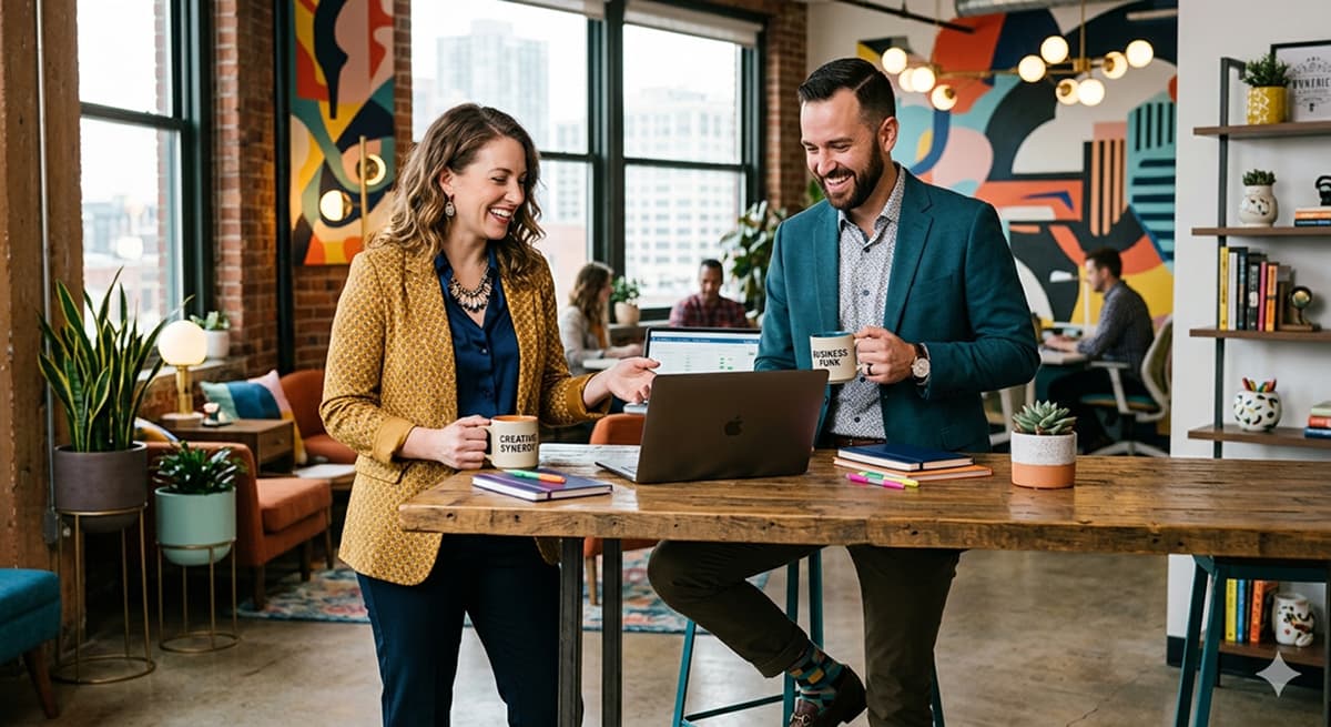 Two business professionals collaborating in a modern office